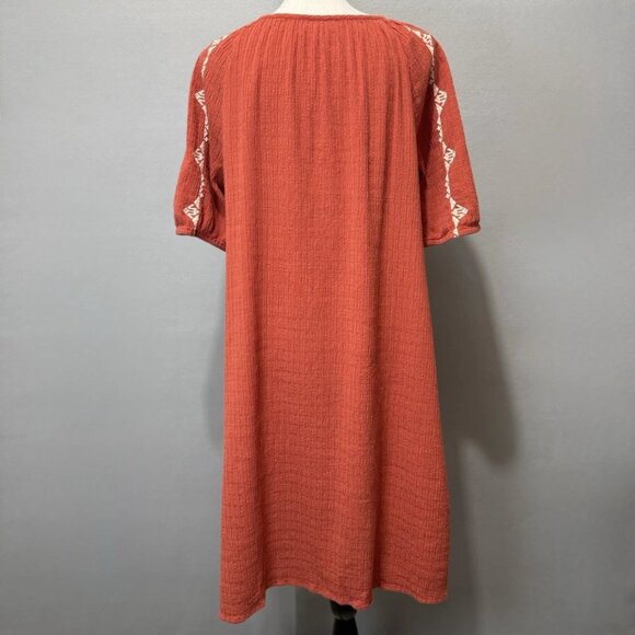 J Jill Coral Orange Midi Dress Sz M Embroidered Textured Boho Southwest A-Line - Picture 3 of 7